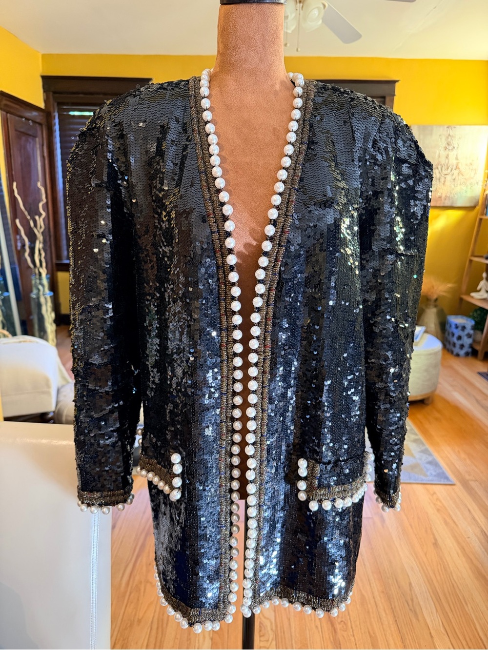 Oleg Cassini Black Sequin Jacket with Pearl Trim